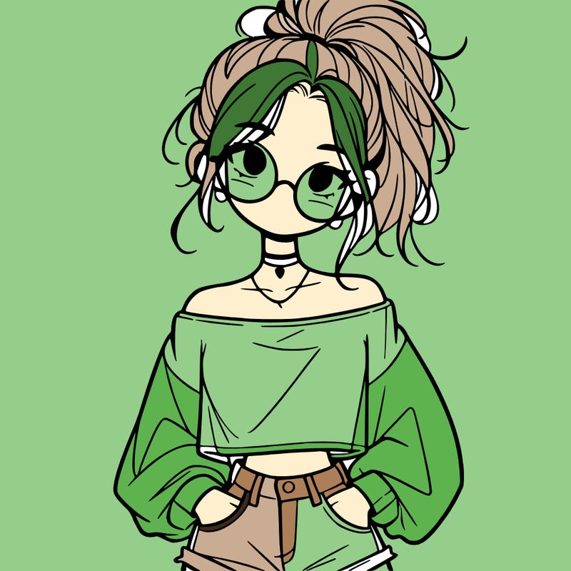 girl with a messy ponytail glasses a baggy crop top and jean shorts