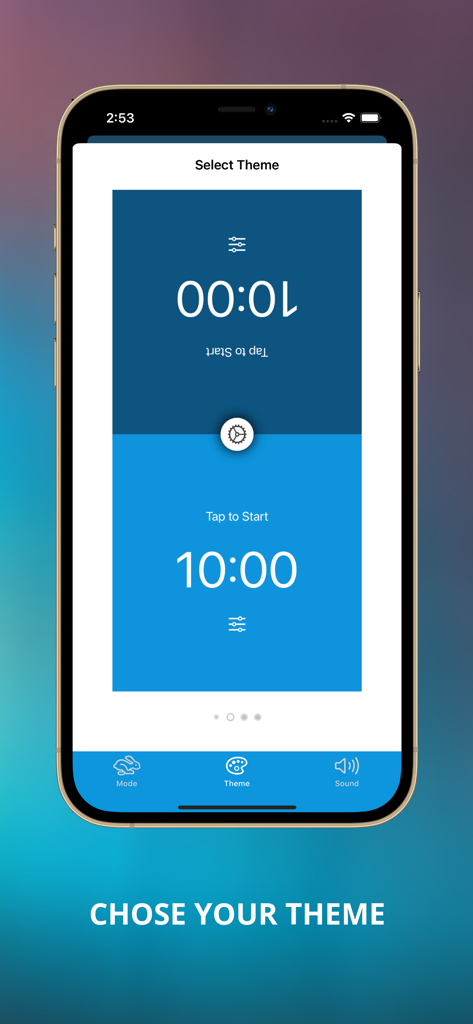 Chess Timer - Game Clock - Captura de pantalla de la aplicación Chess Timer que muestra la selección de un tema de color azul para una partida de diez minutos