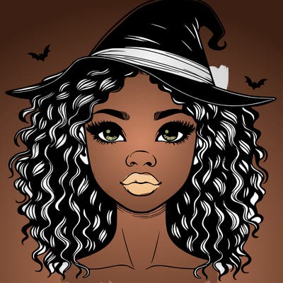 realistic black girl with wavy hair and witch hat and nose and lips