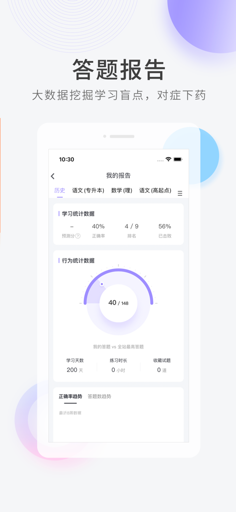 成人高考快题库 - Una pantalla de informe de estudio de la aplicación de Preparación para Exámenes de Adultos que muestra estadísticas de aprendizaje y tasas de precisión.