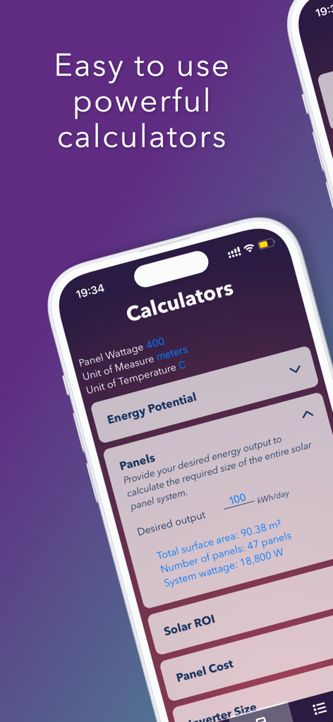 Pantalla móvil de la aplicación PV Master que muestra una calculadora de potencial energético del sistema de paneles solares