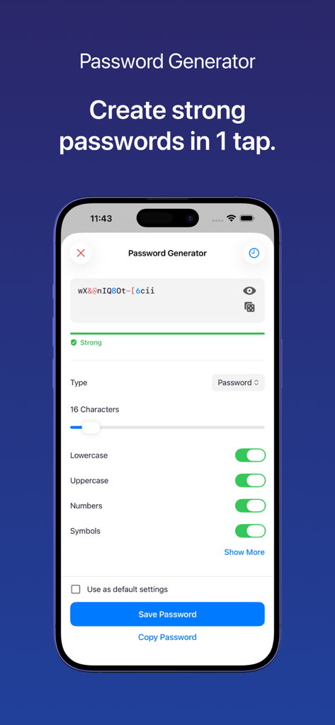 Password Manager by VMP - Interfaz de la función de generador de contraseñas en la aplicación VMP Pass en un iPhone