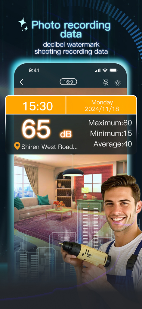 Decibel：db Sound Meter - Capture d'écran de l'application sonomètre Decibel montrant une lecture de 65 dB avec un filigrane photo incluant l'heure, la date et l'emplacement.