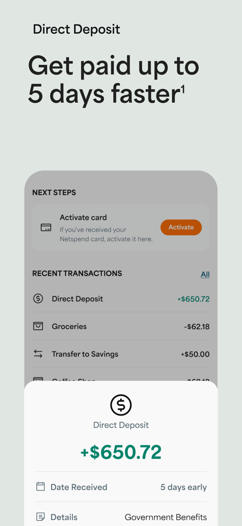 Netspend mobile app interface showing a direct deposit transaction of 650.72 dollars received 5 days early.