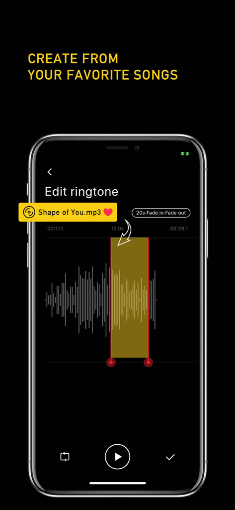 Ringtone Maker + - Un'interfaccia mobile per Ringtone Maker plus che mostra un editor di forme d'onda audio per tagliare un brano in una suoneria personalizzata.