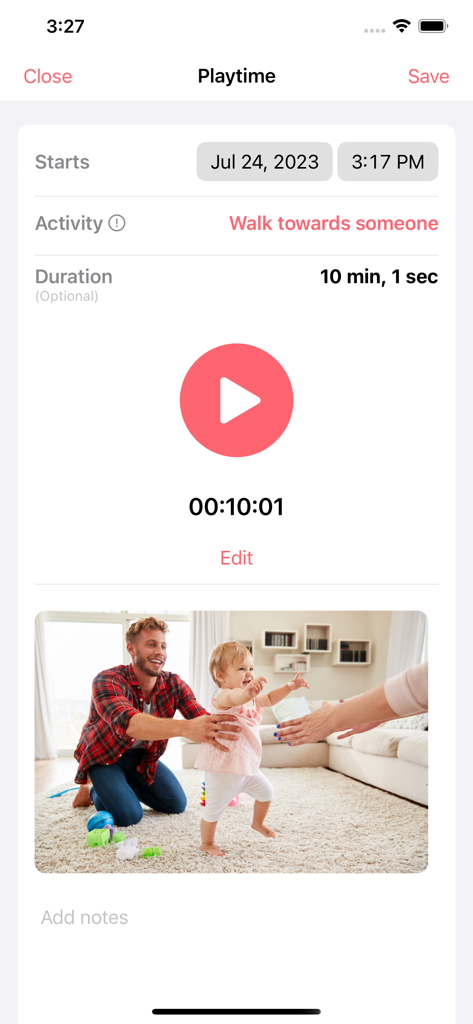 Newborn Tracker Baby App adamo - Adamoベビートラッカーアプリの遊び時間記録画面。時間と写真が表示されています。