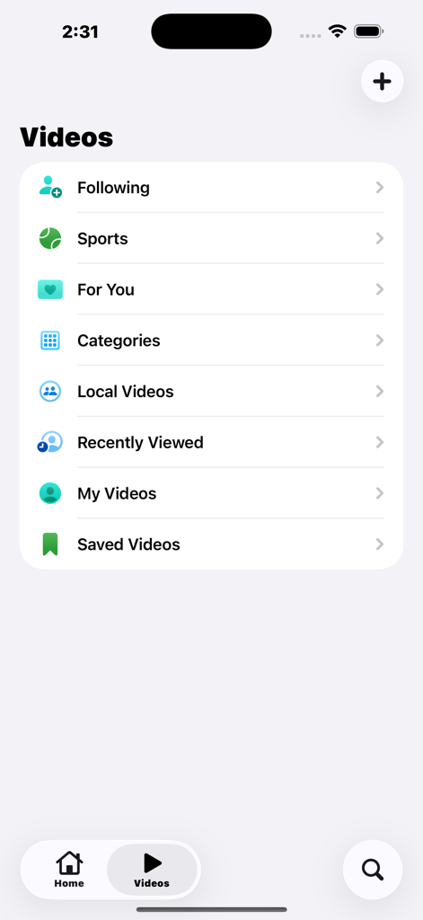 Eden: Watch Video, Meet People - Eden app video menu screen showing categories for sports and local videos