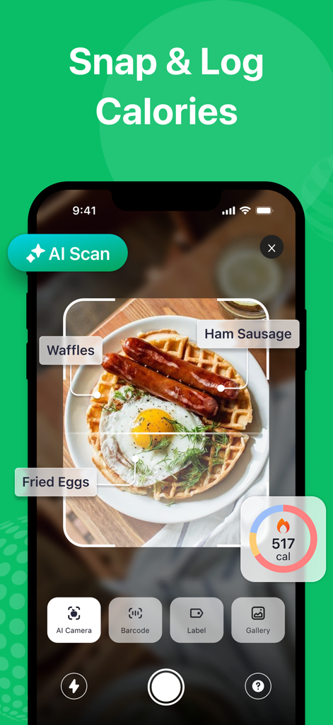 Cal Expert: AI Calorie Tracker - Smartphone interface of Cal Expert app using AI to scan and log calories from a photo of a meal