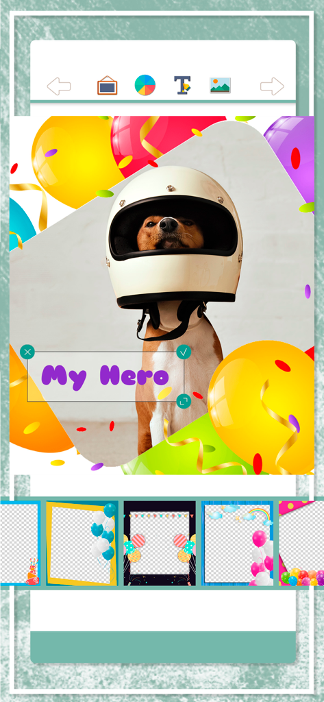 Multi photo frames editor app - A dog wearing a helmet inside a birthday photo frame with text saying My Hero