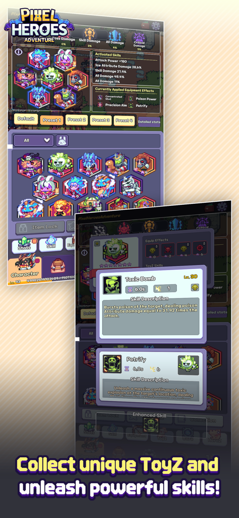 Pixel Heroes Adventure : MMO - A menu screen in Pixel Heroes Adventure showing a collection of pixel art ToyZ and detailed skill descriptions for Toxic Bomb and Petrify.