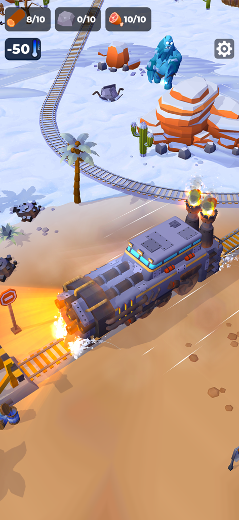 Frost Land Survival - A heavy train travels through a frozen landscape in Frost Land Survival with resource counters and a yeti creature visible