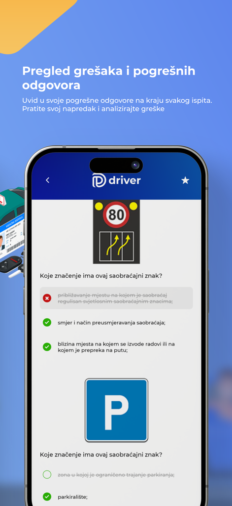 Driver Testovi - BiH - Captura de pantalla de la aplicación Driver Testovi BiH mostrando una revisión de respuestas incorrectas del examen de conducir y preguntas sobre señales de tráfico.