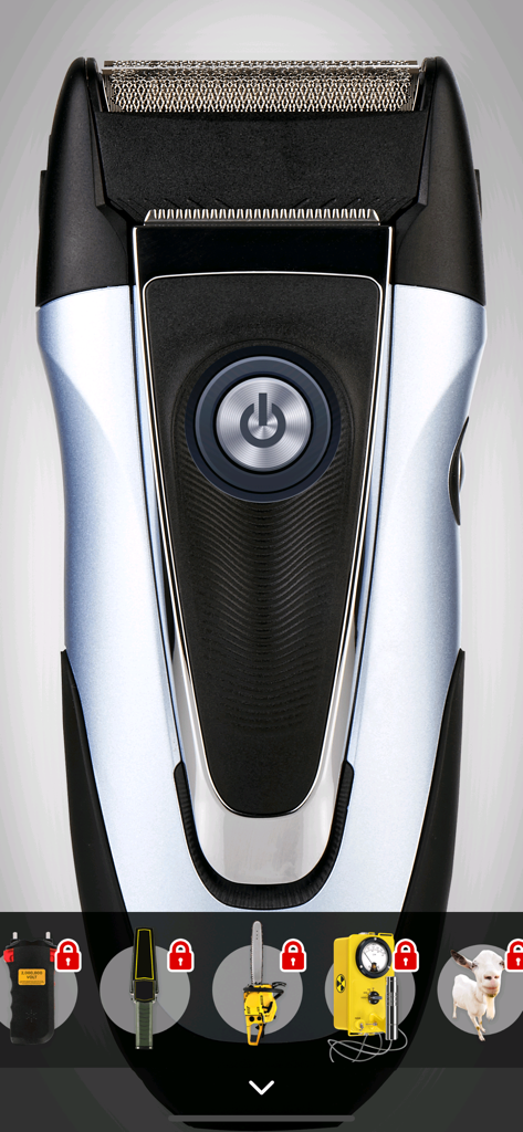 A realistic electric razor prank interface on a mobile device showing a power button and menu of unlockable tools like a taser and chainsaw