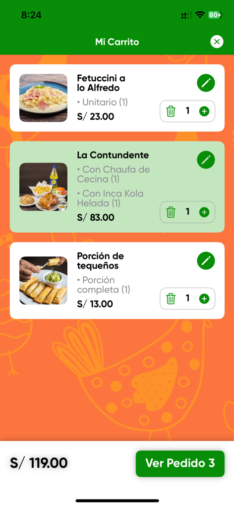 Caporal - Caporalアプリのショッピングカート概要。選択されたペルー料理と合計金額が表示されています。