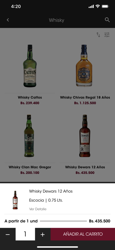 Mobile app screen showing a catalog of whisky brands with prices and an add to cart selection for Dewars 12 Years