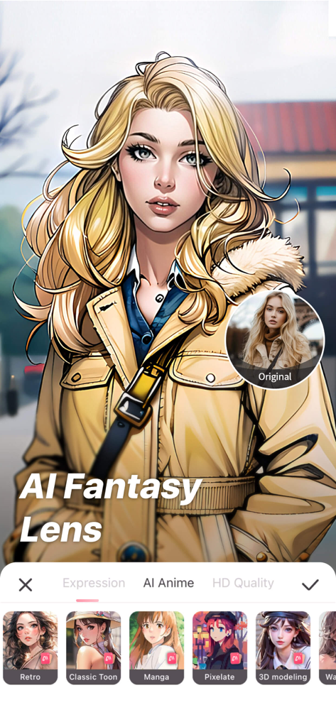 AI portrait editor showing a fantasy lens anime filter applied to a photo of a woman.