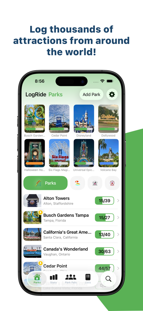 Captura de pantalla de la aplicación LogRide que muestra una lista de parques temáticos y el progreso del seguimiento de atracciones
