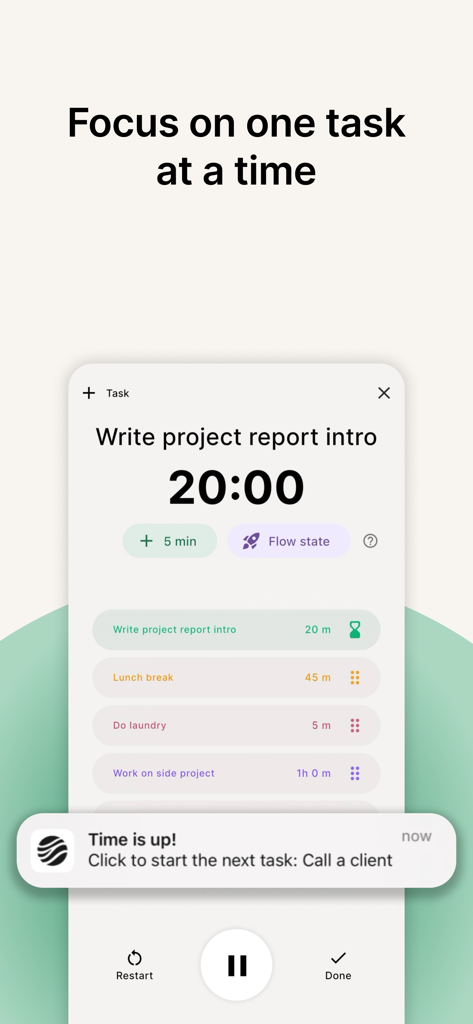 FlowStack: Focus Task Timer - Interface do aplicativo FlowStack mostrando um timer de foco para uma tarefa específica e uma lista de tarefas futuras em uma pilha de rotina