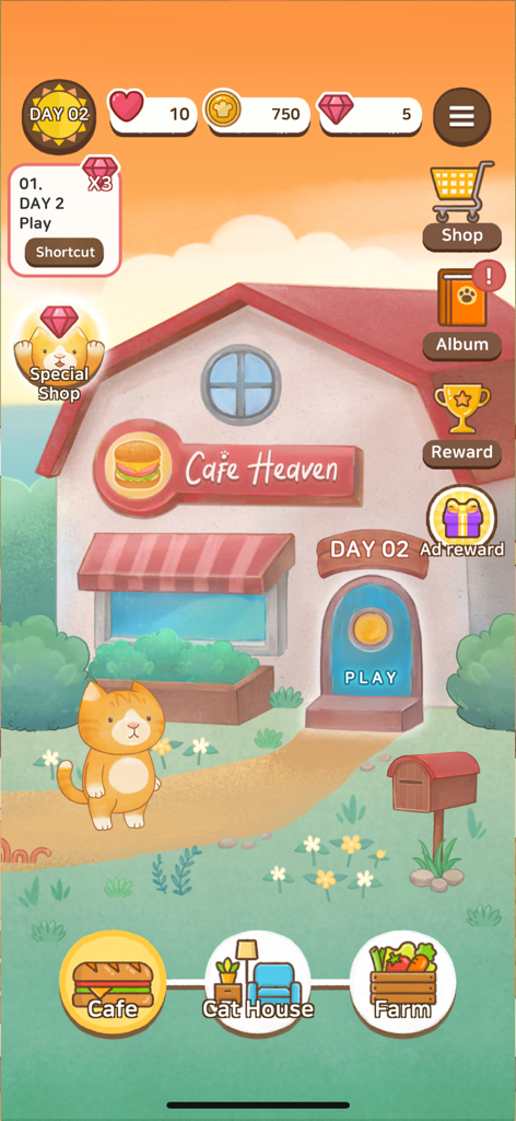 Cafe Heaven-Cat’s Sandwich - 카페 헤븐의 홈 화면. 카페 건물 앞에 귀여운 주황색 고양이가 서 있습니다.