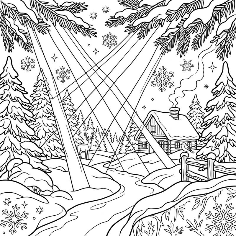 Immerse yourself in the tranquility of a winter wonderland with this beautiful coloring page, specially designed for seniors. Featuring gentle sunbeams, a cozy cabin, and a graceful deer, it offers a relaxing and engaging coloring experience.