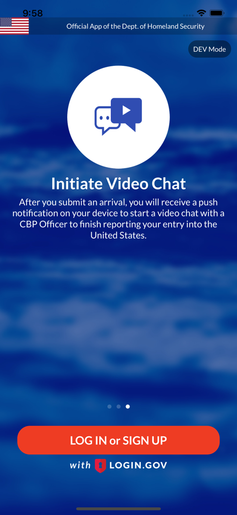 CBP ROAM app screen showing the initiate video chat feature for reporting US entry