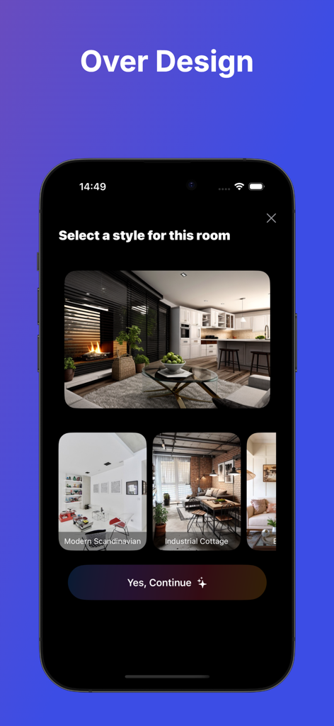 Ai Decorator - Design Snap - A mobile app interface for Ai Decorator showing interior design styles like Modern Scandinavian and Industrial Cottage