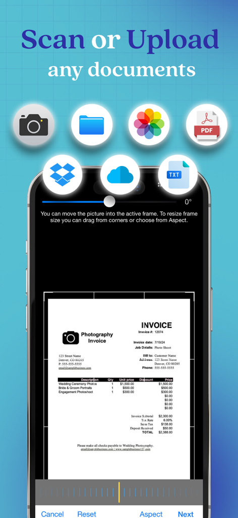 Fax from iPhone: Send Fax Easy - FaxSwiftアプリのモバイルインターフェース。カメラ、PDF、クラウドストレージなど、さまざまなソースからドキュメントをスキャンまたはアップロードするオプションを表示しています。