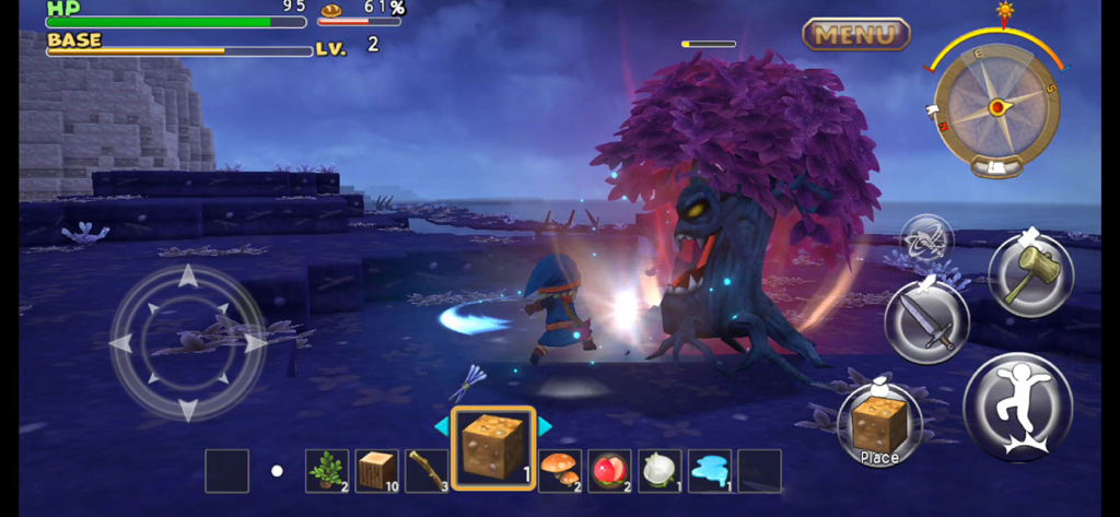 DRAGON QUEST BUILDERS - A character in Dragon Quest Builders attacking a purple tree monster with a sword during a night session.