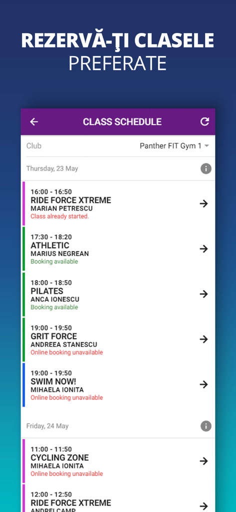 UPfit.today - Interfaccia dell'app mobile UPfit.today che mostra il programma dei corsi di un club di fitness con stato di prenotazione