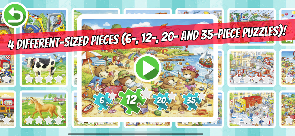Ravensburger Puzzle Junior - Ravensburger Puzzle Junior selection screen showing four difficulty levels from 6 to 35 pieces with a teddy bear illustration