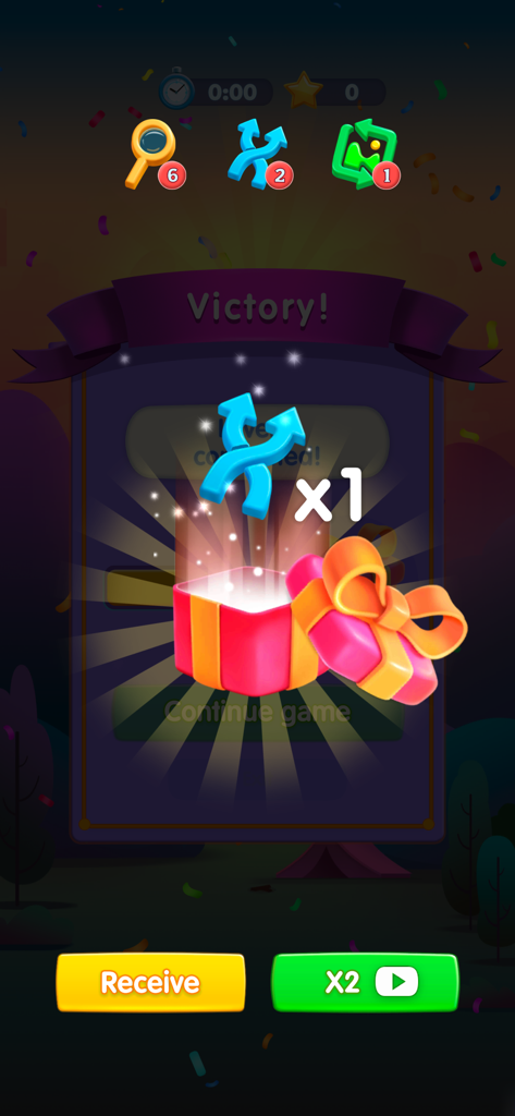 Pair Tiles: Match Puzzle 3-D - Pantalla de victoria que muestra una recompensa de potenciador de barajar de una caja de regalo abierta en Pair Tiles.