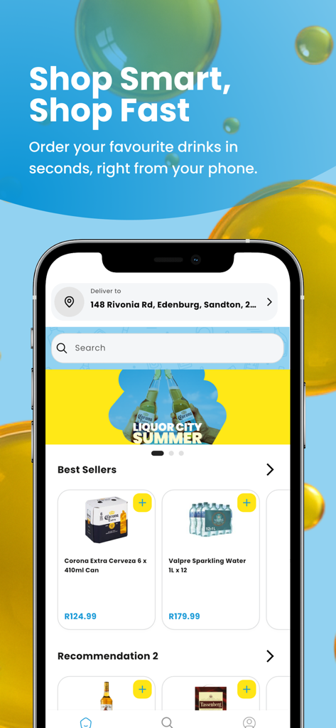 Liquor City - The home screen of the Liquor City app showing best selling drinks and delivery options.