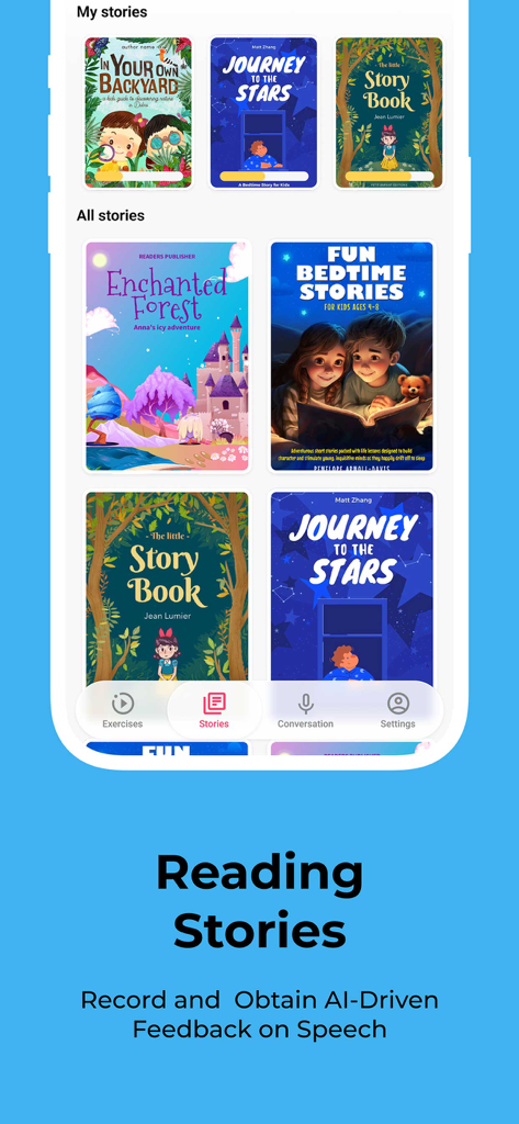 PikaDo - PikaDo app screen showcasing a library of children stories for reading and AI speech feedback
