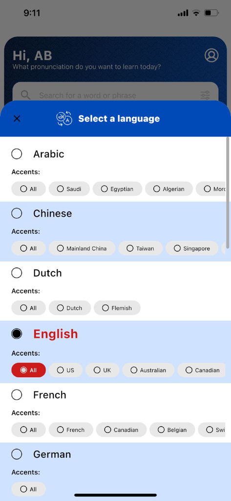 YouGlish - YouGlish mobile app screen displaying options to select languages and specific regional accents