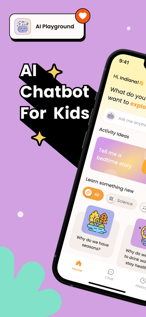 Safe AI Chat Bot for Kids・Zoe - Screenshot of the Zoe AI Chatbot for Kids app interface displaying educational activity ideas and a friendly chatbot prompt.