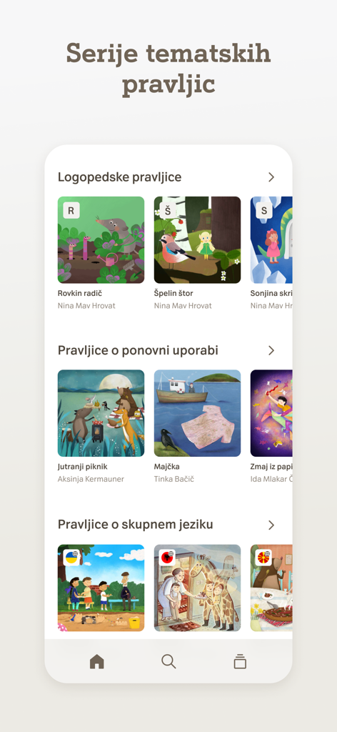 Lahkonočnice - A screenshot of the Lahkonočnice app showing thematic categories like speech therapy and environmental stories.