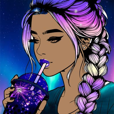 realistic girl drinking boba tea with braided hair