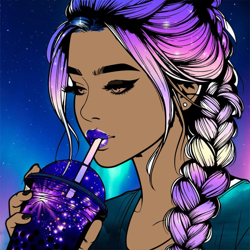 realistic girl drinking boba tea with braided hair