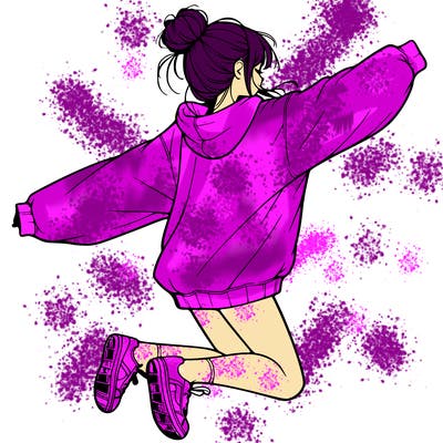 realistic girl jumping with a bun and oversized sweatshirt