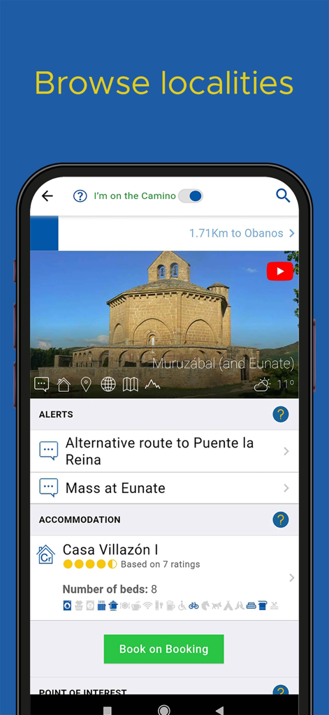 Buen Camino de Santiago App - Buen Camino app screen showing locality information alerts and accommodation booking options