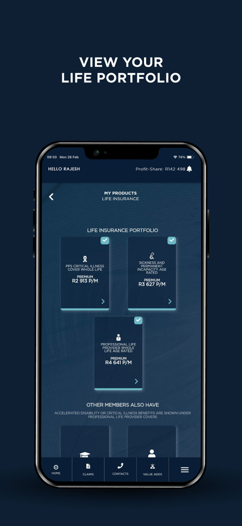 Pantalla de la app móvil PPS que muestra la cartera de seguros de vida de un usuario con detalles de cobertura por enfermedad crítica e invalidez.
