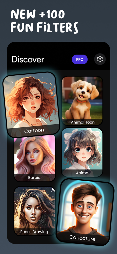 Un écran de téléphone mobile montrant différents styles de filtres de dessins animés IA comme l'anime et le dessin animé animalier
