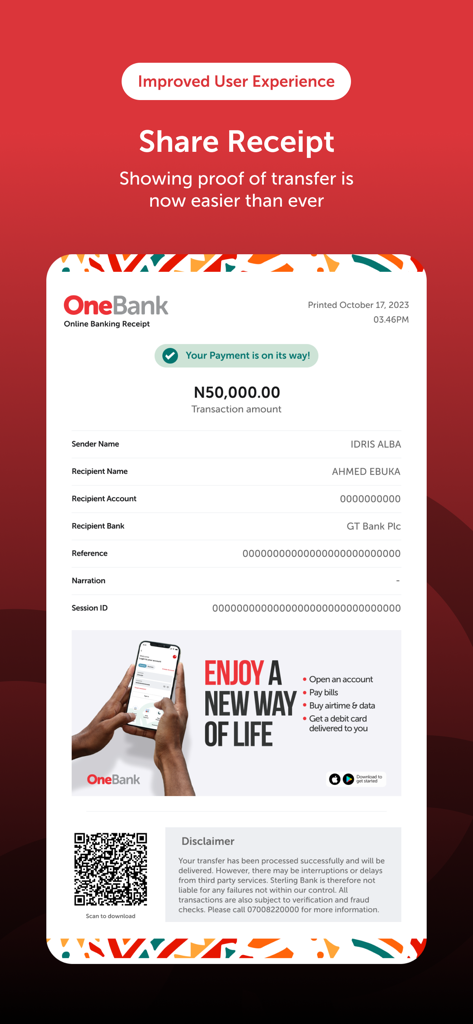 Sterling OneBank mobile app interface showing a digital payment receipt for fifty thousand Naira