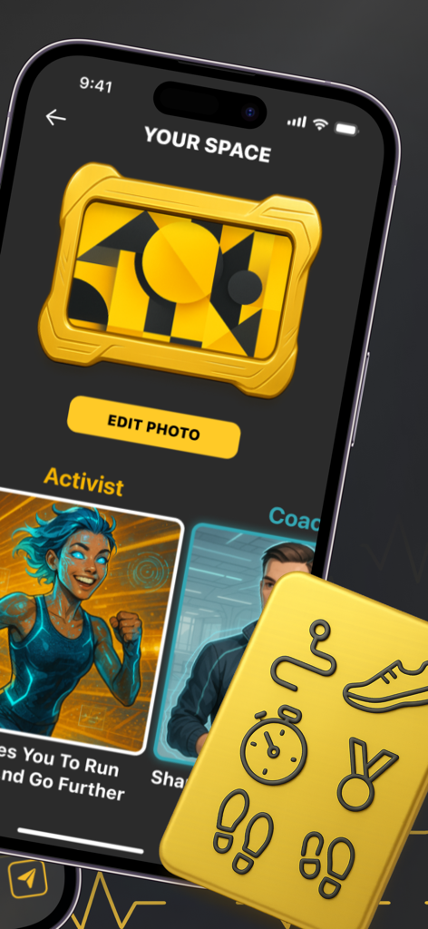 Vai de bem Sports - Mobile app screen showing the selection of an AI running companion with an Activist persona avatar