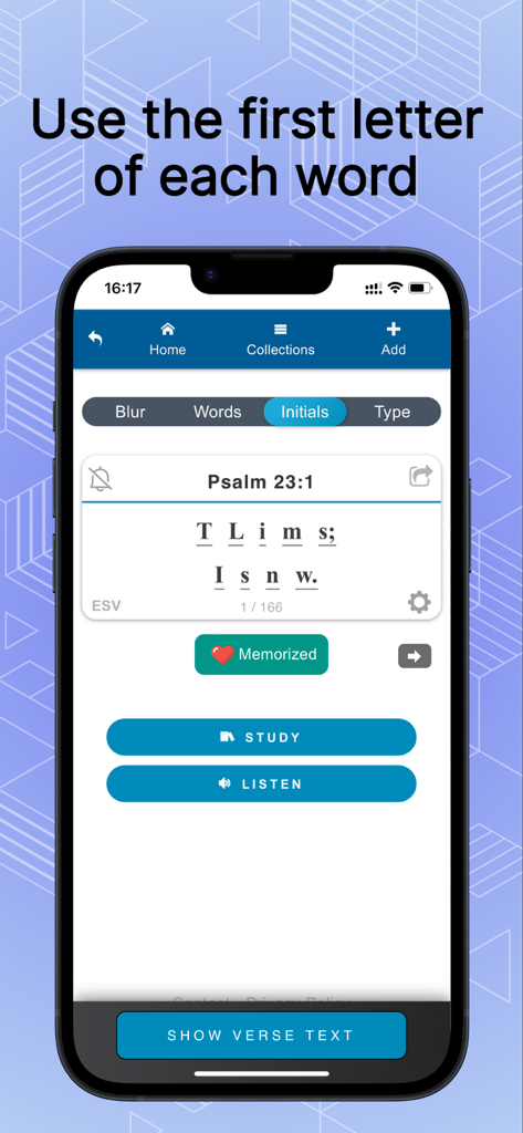 Bible Memory VerseLocker app showing initials mode for scripture memorization