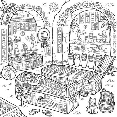 Explore a truly unique coloring adventure where ancient Egyptian burial chambers meet the vibrant fun of a summer vacation. This intricately detailed page invites you to bring a world of sun-kissed sarcophagi and beach-loving pharaohs to life with your favorite colors.