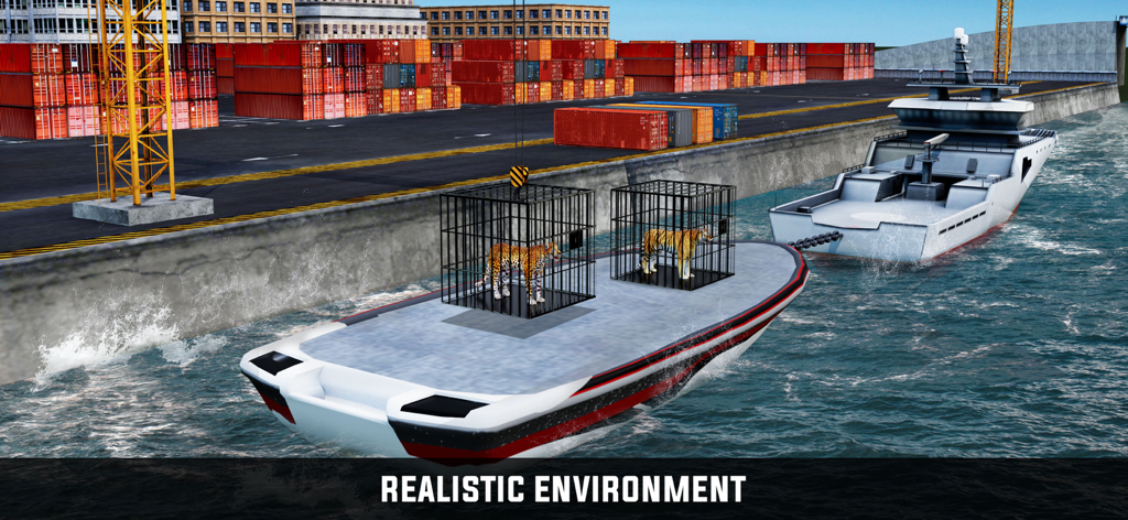 Cargo Ship Sea Port Transport - Um barco de transporte carregando animais selvagens em gaiolas em um porto marítimo realista