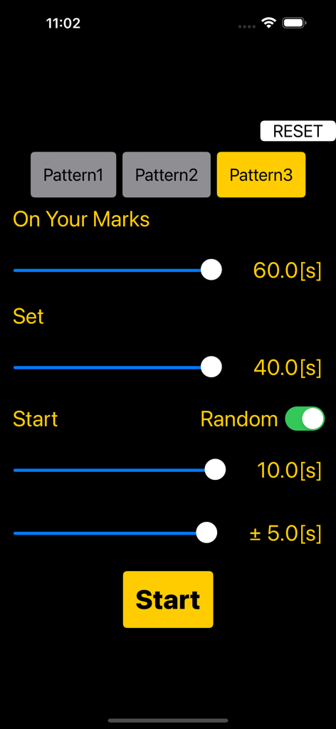 Start Practice ~Track&Field~ - Settings screen of the Start Practice app showing adjustable timers for On Your Marks and Set commands with a random start timing toggle
