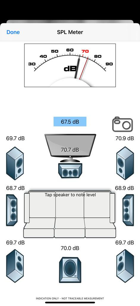 Home Theater SPL - Benutzeroberfläche der Home Theater SPL App zeigt die Kalibrierung eines 7.1-Surround-Sound-Systems mit Dezibel-Messgerät und Lautsprecherpegel-Anzeigen