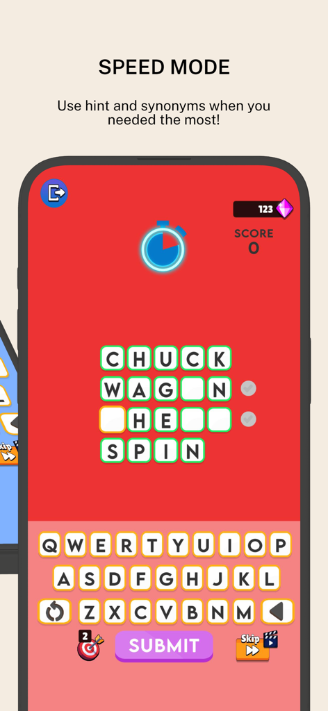 A gameplay screenshot of Word Chain Reaction's speed mode featuring a timed word-linking puzzle with a red background and on-screen keyboard.